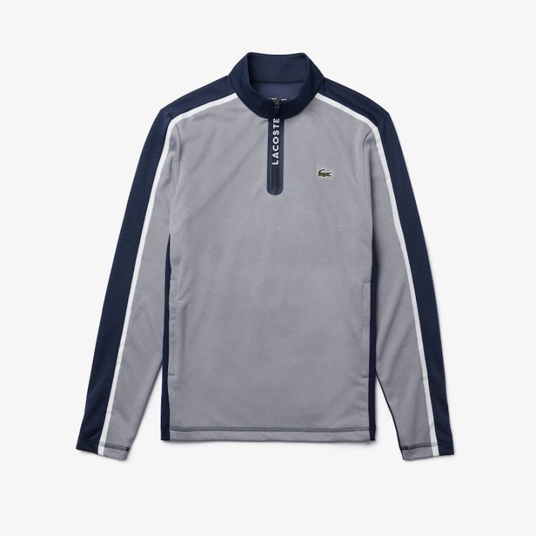 Lacoste SPORT Zip Stand-Up Collar Stretch Golf Sweatshirt Szürke Sötétkék Kék Fehér | hiTNdC8H