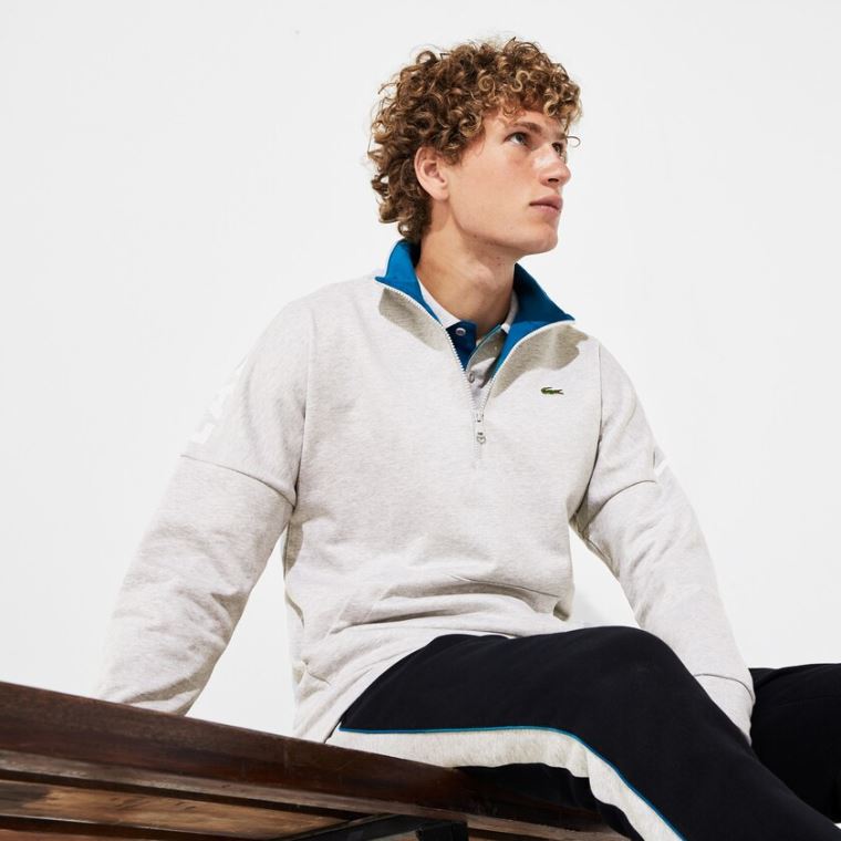 Lacoste SPORT Zip Standup Neck Pamut Sweatshirt Szürke Kék | Ka3IWp4a