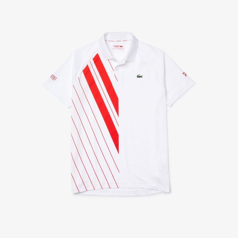 Lacoste SPORT x Novak Djokovic Print Stretch Jersey Polo Shirt Fehér Piros | BO9noNVb