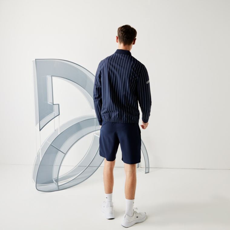 Lacoste SPORT x Novak Djokovic Striped Bomber Jacket Sötétkék Kék Fehér | 4DTOUnhE