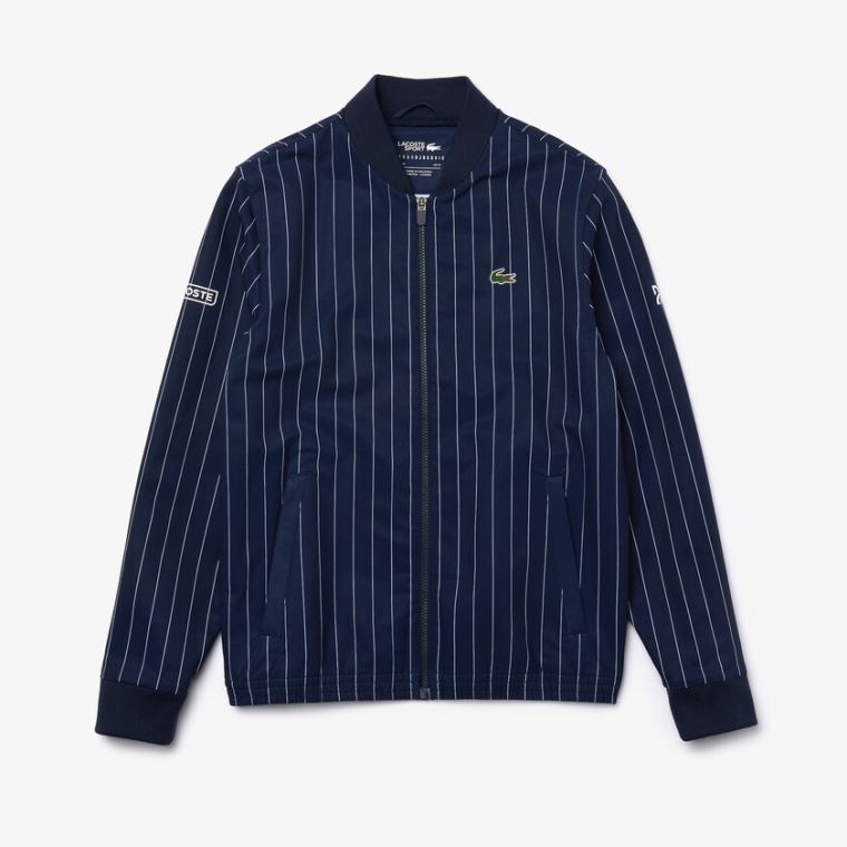 Lacoste SPORT x Novak Djokovic Striped Bomber Jacket Sötétkék Kék Fehér | 4DTOUnhE