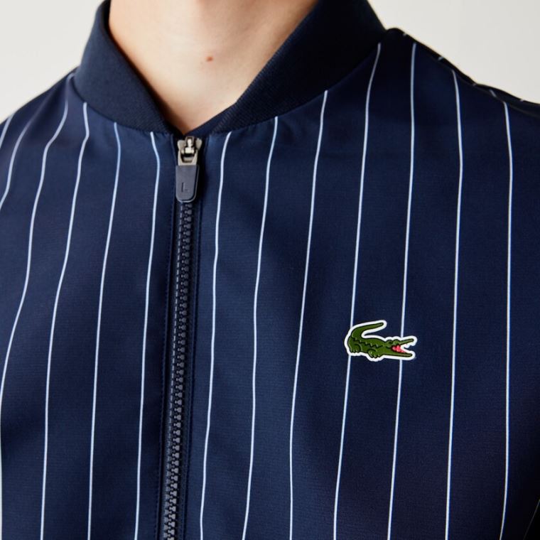 Lacoste SPORT x Novak Djokovic Striped Bomber Jacket Sötétkék Kék Fehér | 4DTOUnhE