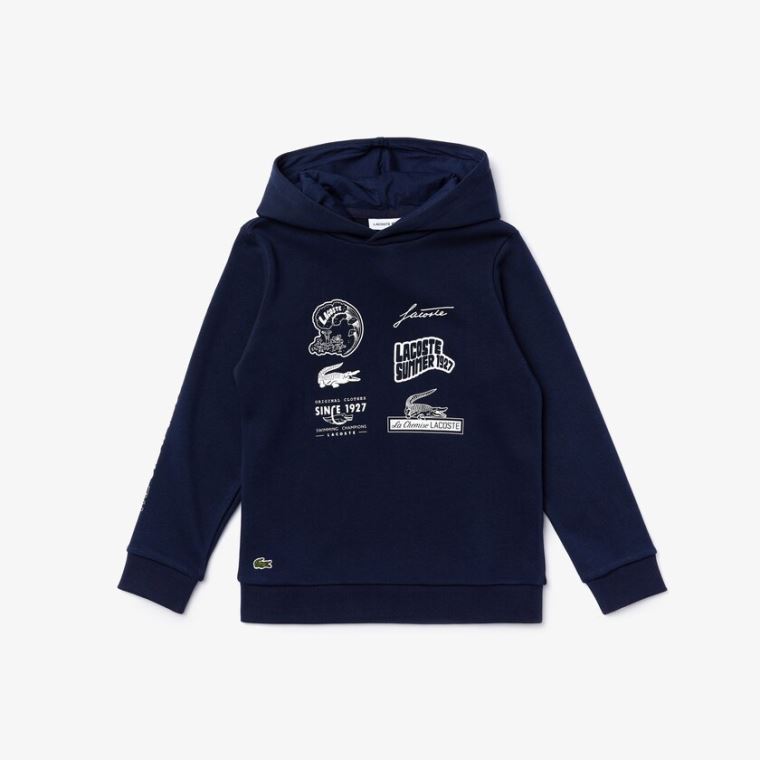 Lacoste Signature Logos Pamut-Blend Hoodie Sötétkék Kék Fehér | gDenUiOo