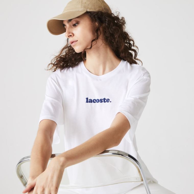 Lacoste Signature Printed Crew Neck Pamut T-shirt Fehér Sötétkék Kék | yRzsSw8z