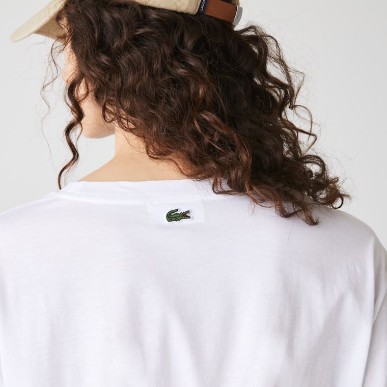 Lacoste Signature Printed Crew Neck Pamut T-shirt Fehér Sötétkék Kék | yRzsSw8z