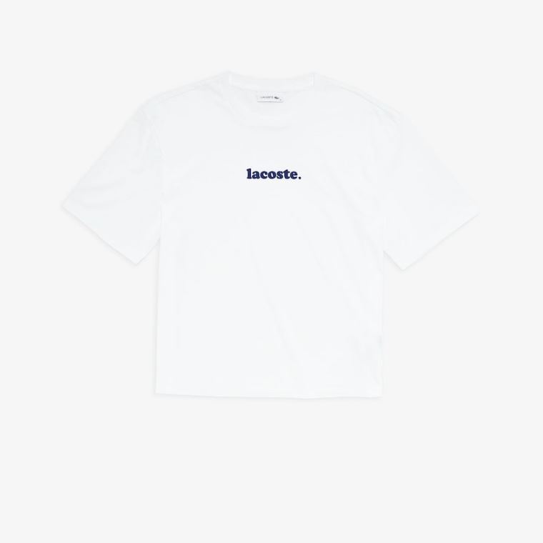 Lacoste Signature Printed Crew Neck Pamut T-shirt Fehér Sötétkék Kék | yRzsSw8z