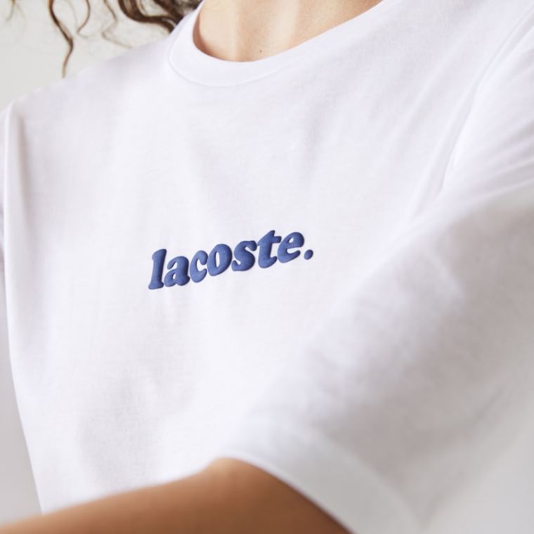 Lacoste Signature Printed Crew Neck Pamut T-shirt Fehér Sötétkék Kék | yRzsSw8z