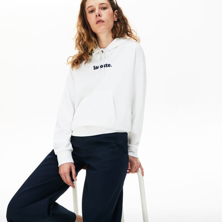 Lacoste Signature Széles Cipő Csuklyás Fleece Sweatshirt Fehér | TskfCUGV