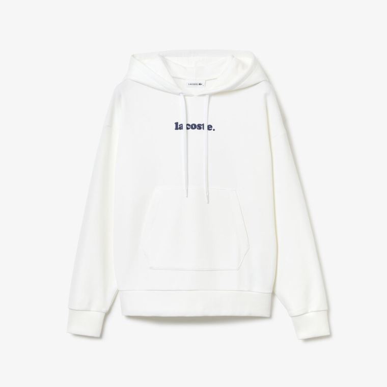 Lacoste Signature Széles Cipő Csuklyás Fleece Sweatshirt Fehér | TskfCUGV