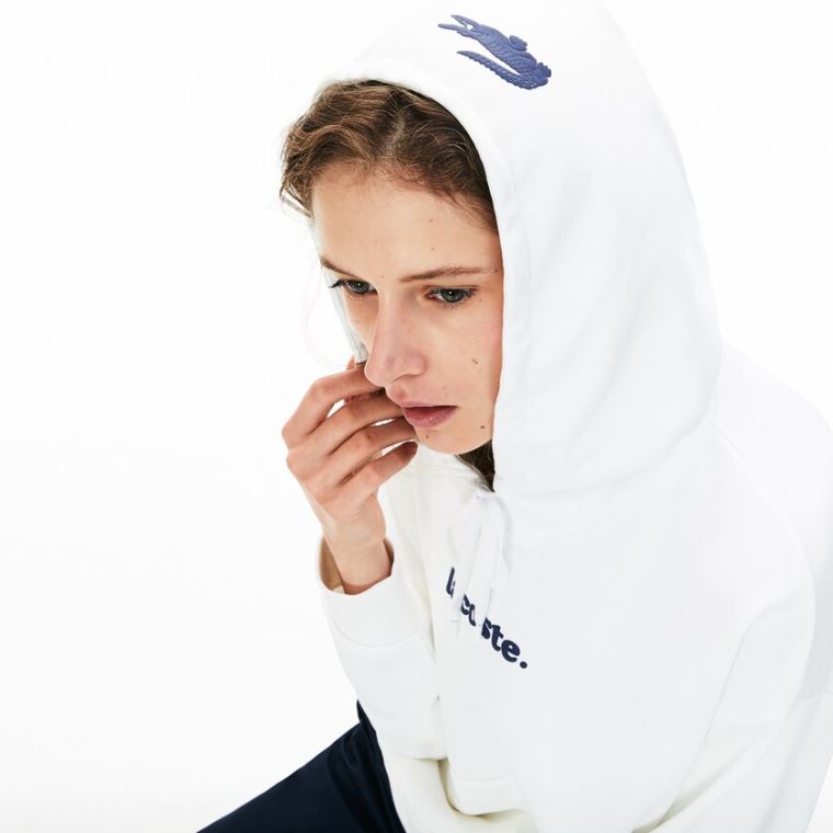 Lacoste Signature Széles Cipő Csuklyás Fleece Sweatshirt Fehér | TskfCUGV