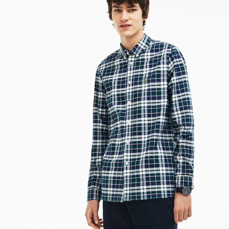 Lacoste Slim Fit Check Stretch Oxford Pamut Shirt Zöld | Ah1TMR0K