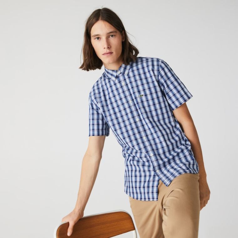 Lacoste Slim Fit Checked Poplin Shirt Kék Fehér Kék | HZZpntZp