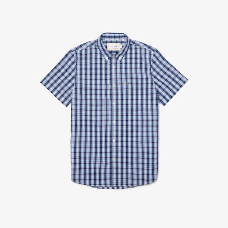 Lacoste Slim Fit Checked Poplin Shirt Kék Fehér Kék | HZZpntZp