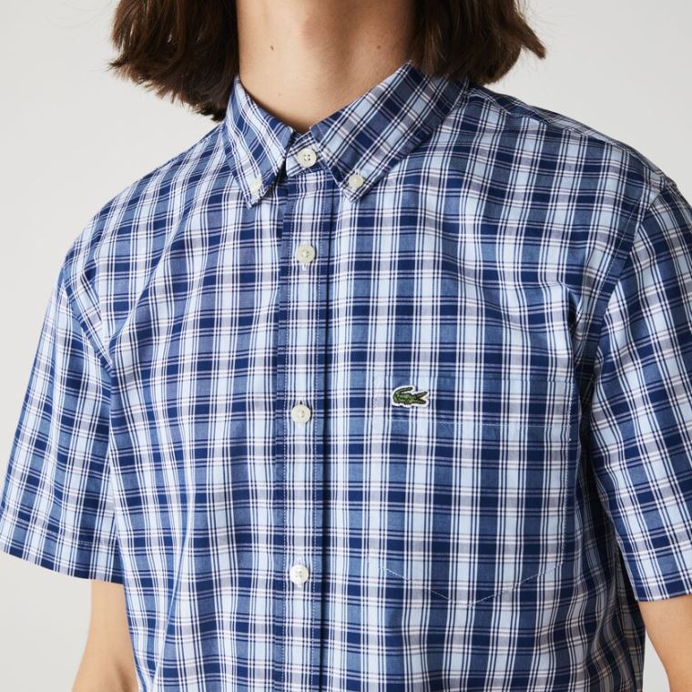 Lacoste Slim Fit Checked Poplin Shirt Kék Fehér Kék | HZZpntZp