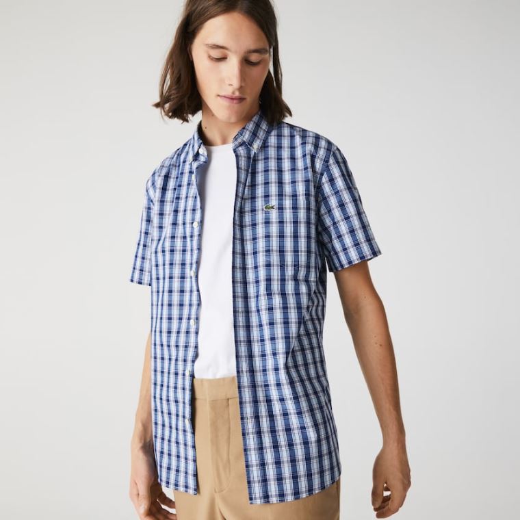 Lacoste Slim Fit Checked Poplin Shirt Kék Fehér Kék | HZZpntZp