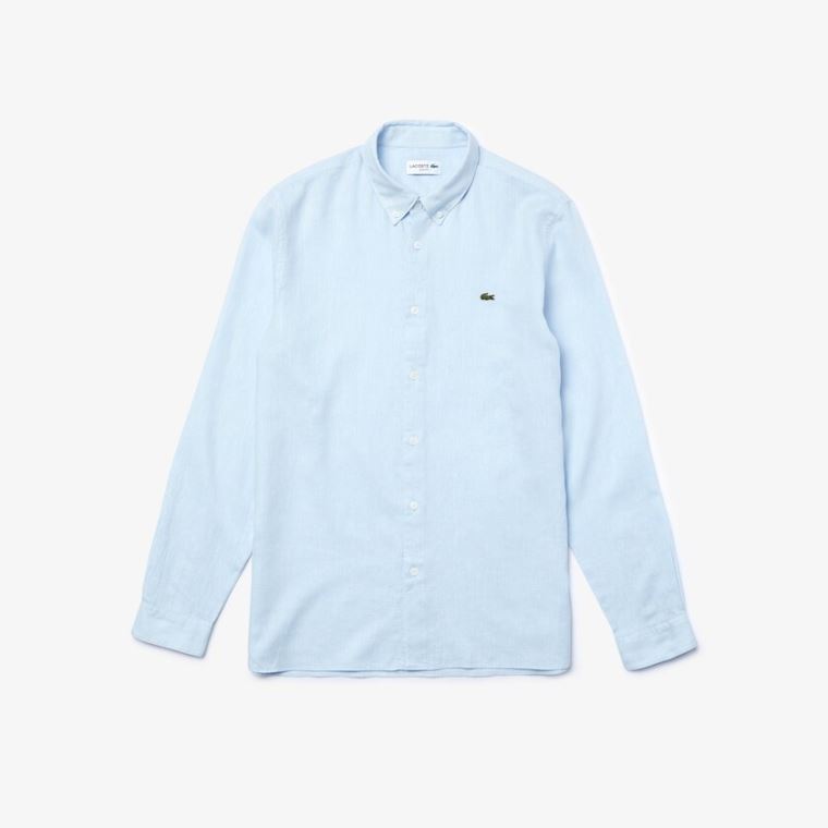 Lacoste Slim Fit Chevron Linen And Pamut Shirt Kék Fehér | lbHrk3B1