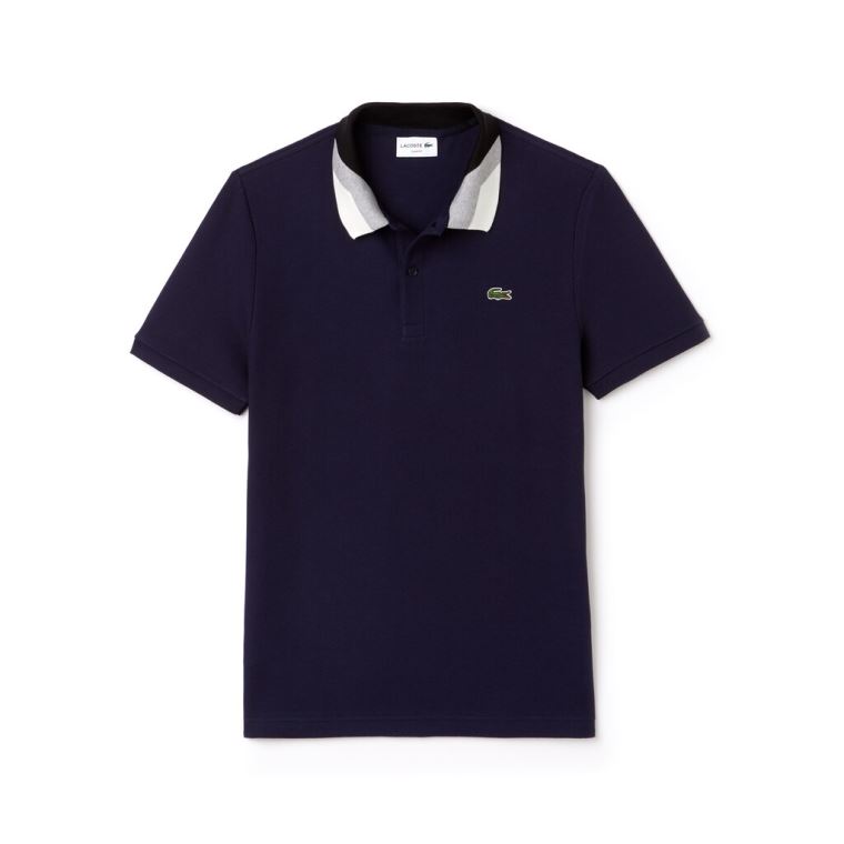 Lacoste Slim Fit Colourblock Striped Knop Piqué Polo Shirt Sötétkék Kék | 3NusbnfP