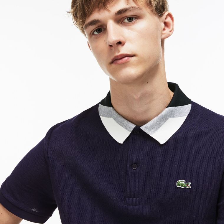 Lacoste Slim Fit Colourblock Striped Knop Piqué Polo Shirt Sötétkék Kék | 3NusbnfP