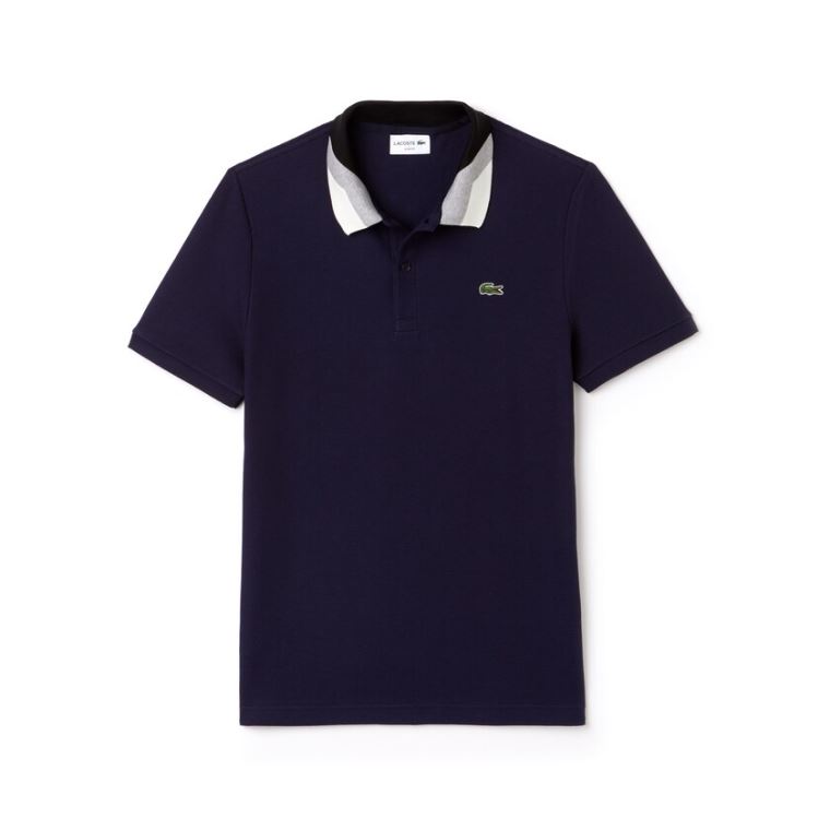 Lacoste Slim Fit Colourblock Striped Knop Piqué Polo Shirt Sötétkék Kék | LhG4qTlF