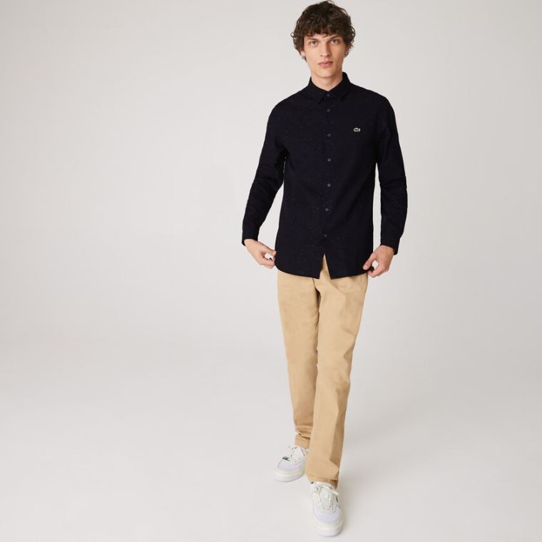 Lacoste Slim Fit Flamed Pamut Shirt Sötétkék Kék Fehér | sjKSPMry