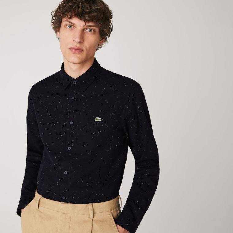 Lacoste Slim Fit Flamed Pamut Shirt Sötétkék Kék Fehér | sjKSPMry