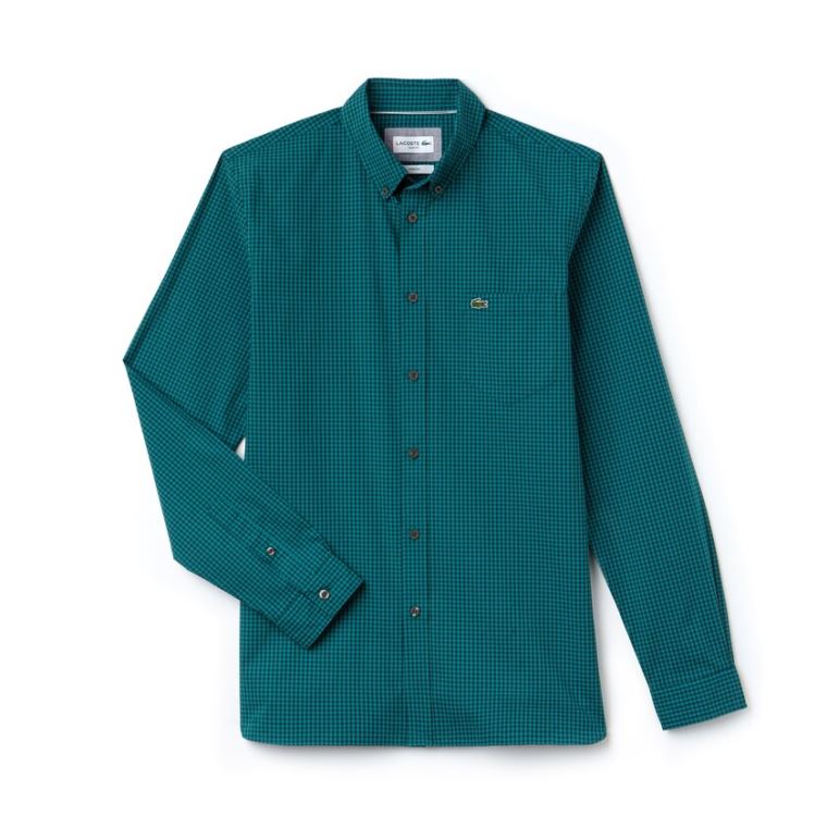 Lacoste Slim Fit Gingham Stretch Pamut Poplin Shirt Zöld | 6yKt5KZP