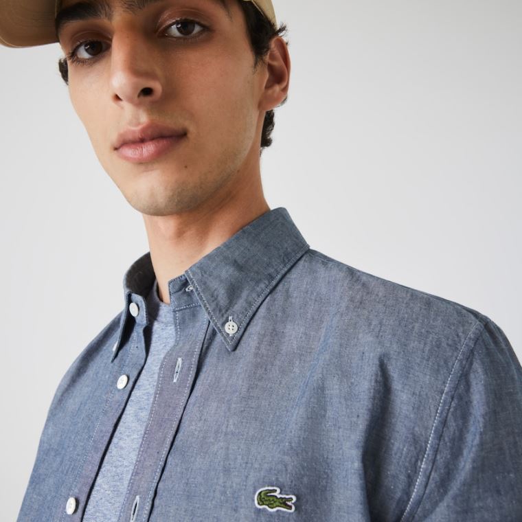 Lacoste Slim Fit Pamut Chambray Shirt Kék | 4i3aLUgl