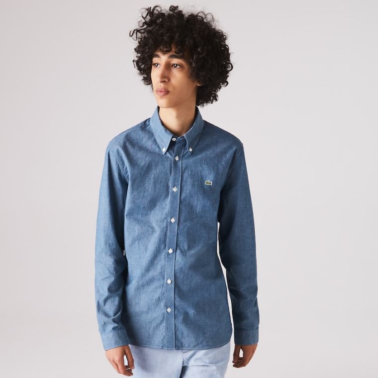 Lacoste Slim Fit Pamut Chambray Shirt Kék | pfH5eEYW