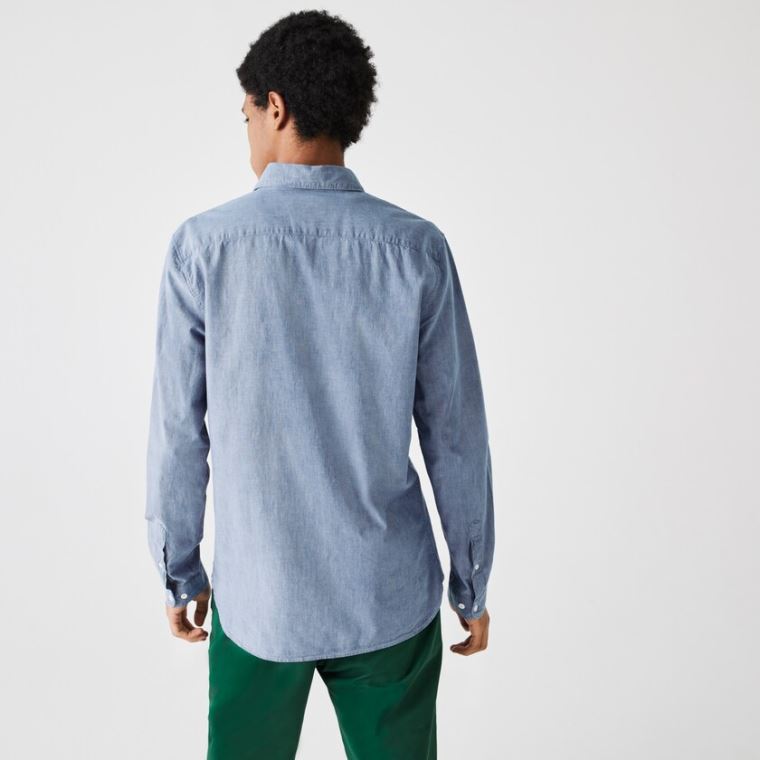 Lacoste Slim Fit Pamut Chambray Shirt Kék | zeBznV8S