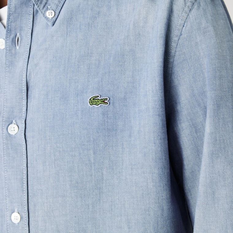 Lacoste Slim Fit Pamut Chambray Shirt Kék | zeBznV8S