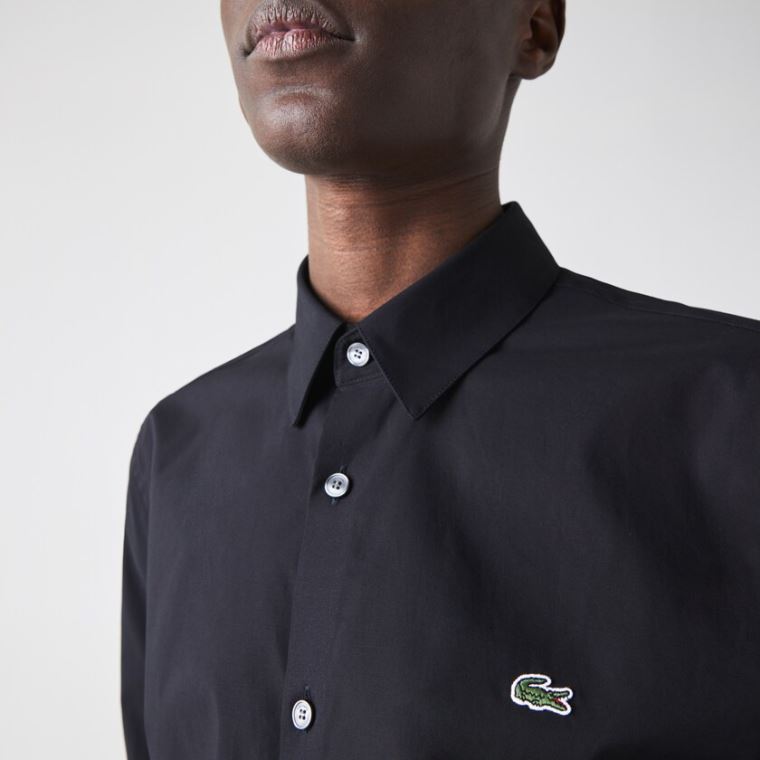 Lacoste Slim Fit Stretch Pamut Poplin Shirt Fekete | BnFlDxuR