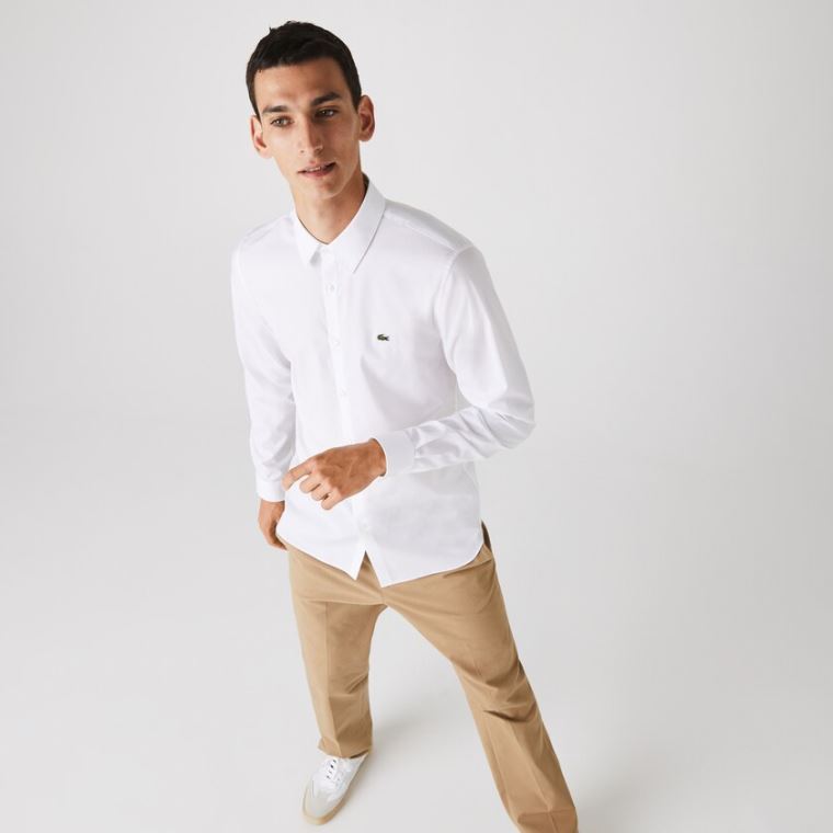 Lacoste Slim Fit Stretch Pamut Poplin Shirt Fehér | csg0IhZI