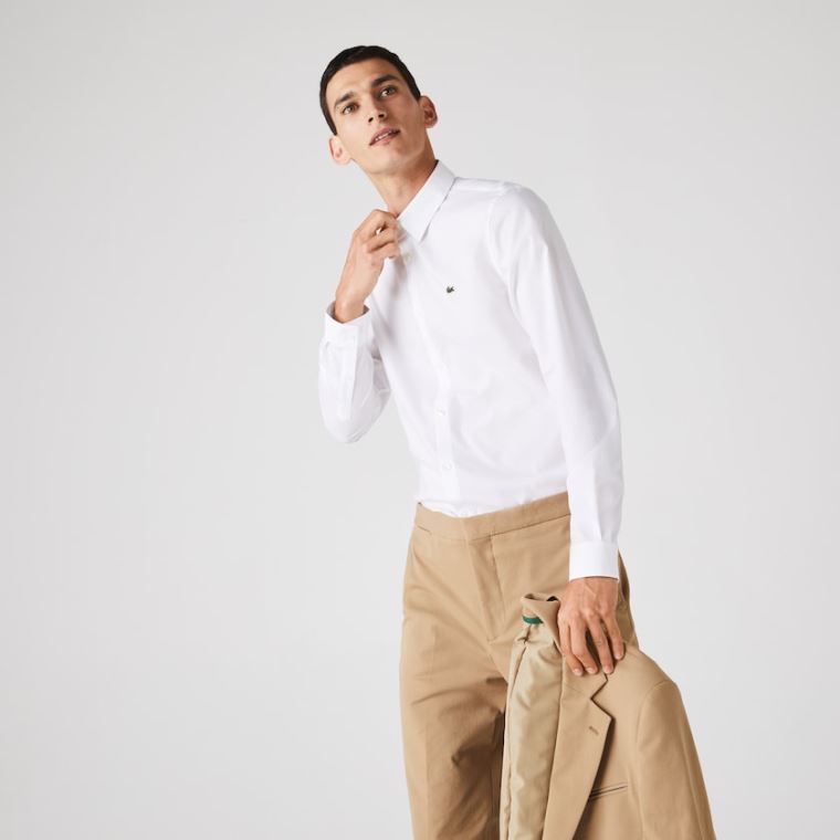 Lacoste Slim Fit Stretch Pamut Poplin Shirt Fehér | csg0IhZI