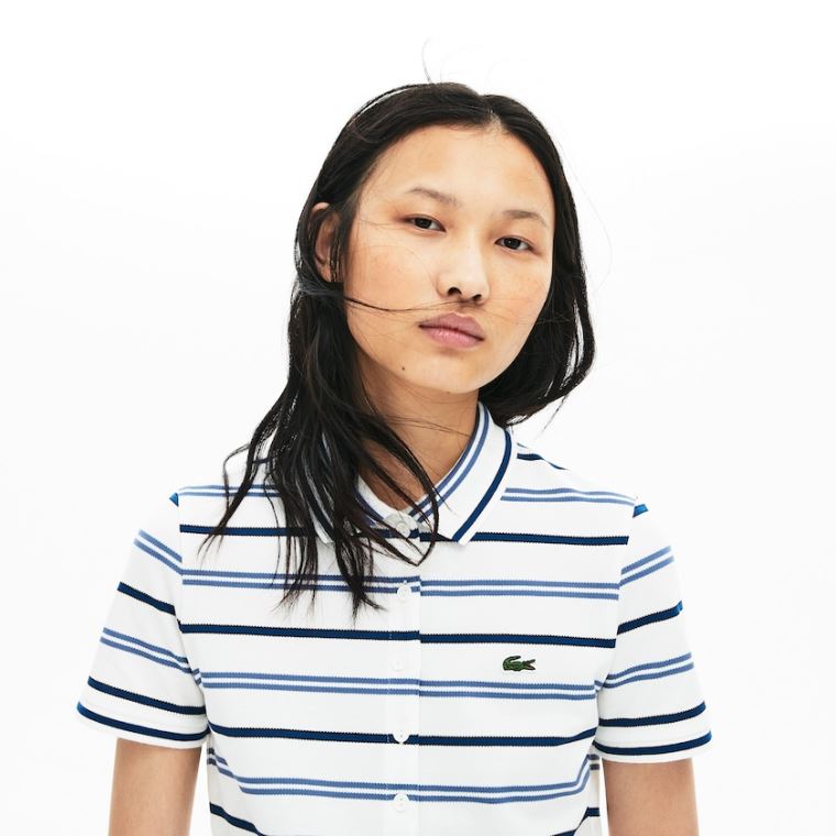 Lacoste Slim Fit Striped Stretch Piqué Polo Shirt Fehér Kék Sötétkék Kék | 1rGURhRB