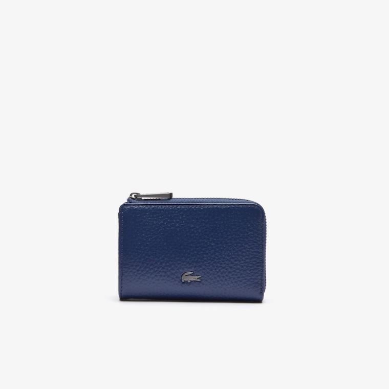 Lacoste Soft Mate Matte Full-Grain Bőr Zippered Card Holder Sötétkék | V1iwLLK1