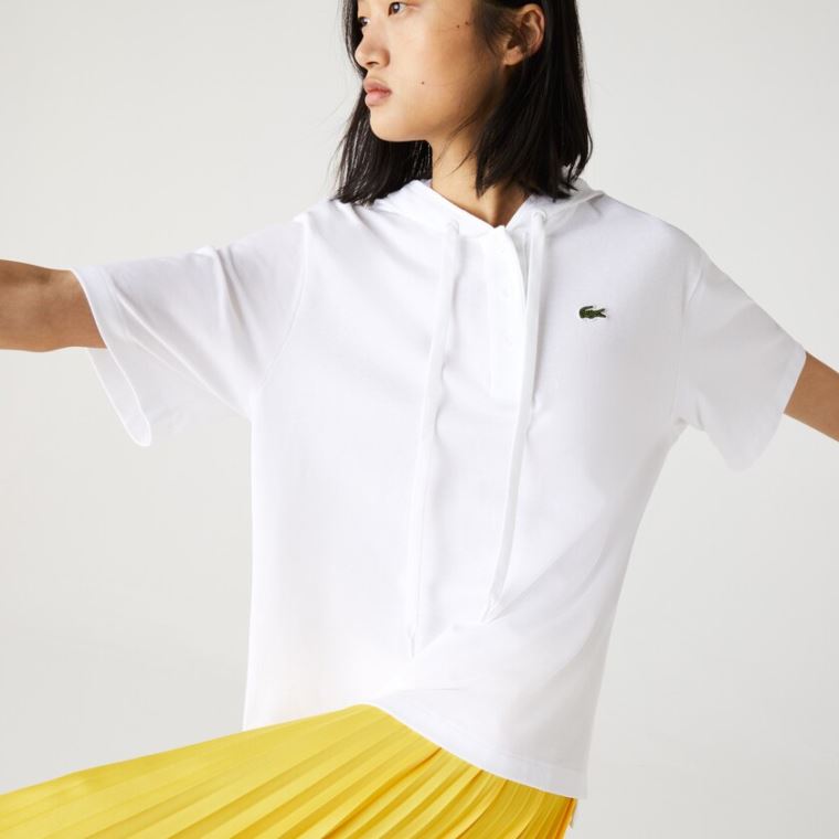 Lacoste Solid Pamut Piqué Csuklyás Polo Shirt Fehér | BHADFCzC