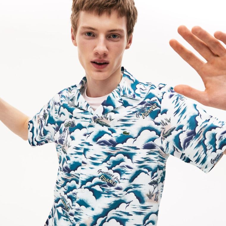 Lacoste Southern France Print Pamut Hawaiian Fit Shirt Kék Világos Rózsaszín Fehér | rhmhgHQu