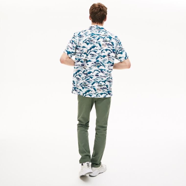 Lacoste Southern France Print Pamut Hawaiian Fit Shirt Kék Világos Rózsaszín Fehér | rhmhgHQu