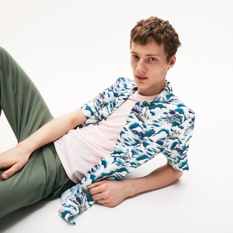 Lacoste Southern France Print Pamut Hawaiian Fit Shirt Kék Világos Rózsaszín Fehér | rhmhgHQu