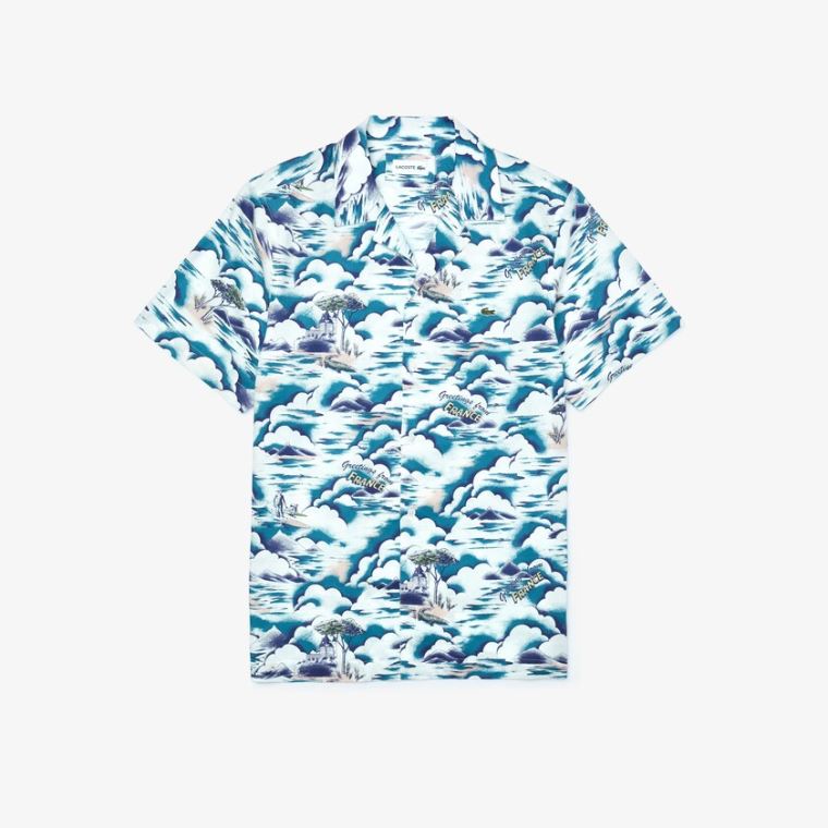 Lacoste Southern France Print Pamut Hawaiian Fit Shirt Kék Világos Rózsaszín Fehér | rhmhgHQu