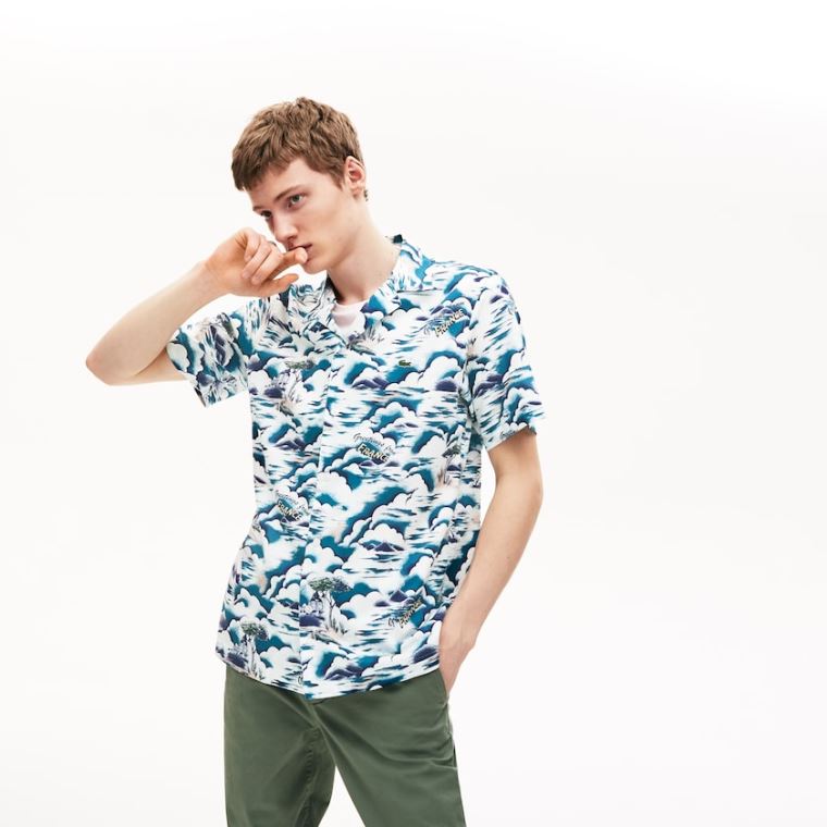 Lacoste Southern France Print Pamut Hawaiian Fit Shirt Kék Világos Rózsaszín Fehér | rhmhgHQu