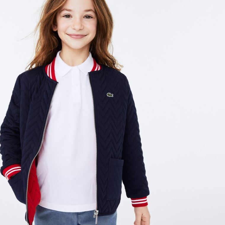 Lacoste Striped Detail Zippered Quilted Pamut Teddy Jacket Sötétkék Kék Piros Fehér | LTqwbn3s