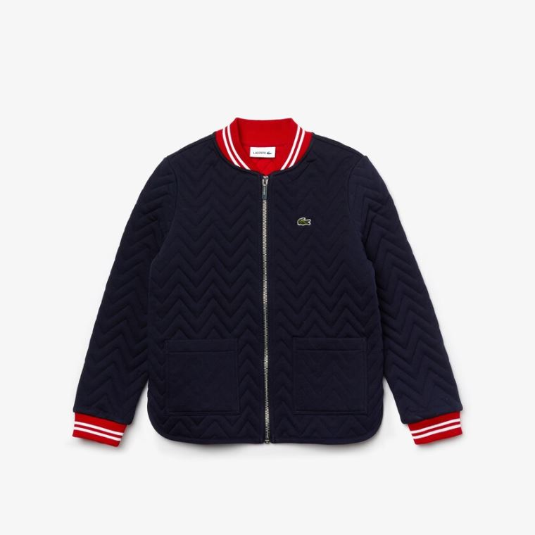 Lacoste Striped Detail Zippered Quilted Pamut Teddy Jacket Sötétkék Kék Piros Fehér | LTqwbn3s