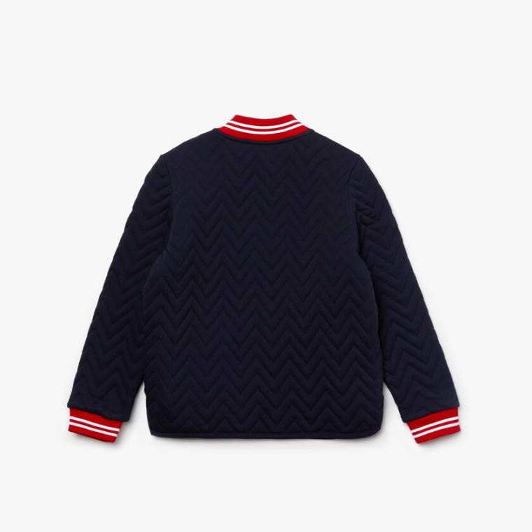 Lacoste Striped Detail Zippered Quilted Pamut Teddy Jacket Sötétkék Kék Piros Fehér | LTqwbn3s