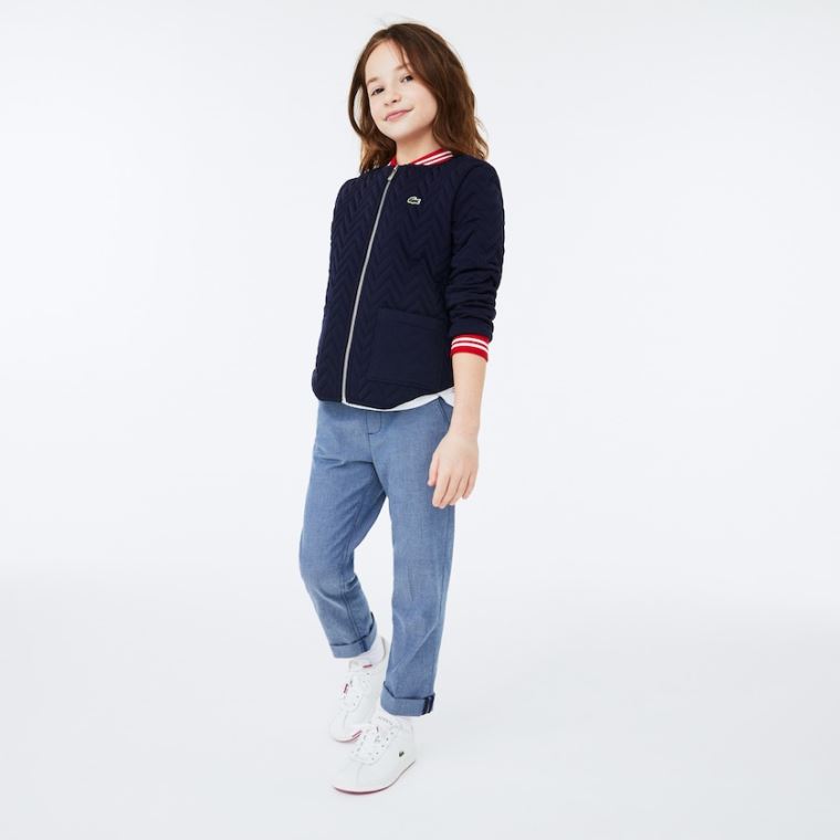 Lacoste Striped Detail Zippered Quilted Pamut Teddy Jacket Sötétkék Kék Piros Fehér | LTqwbn3s