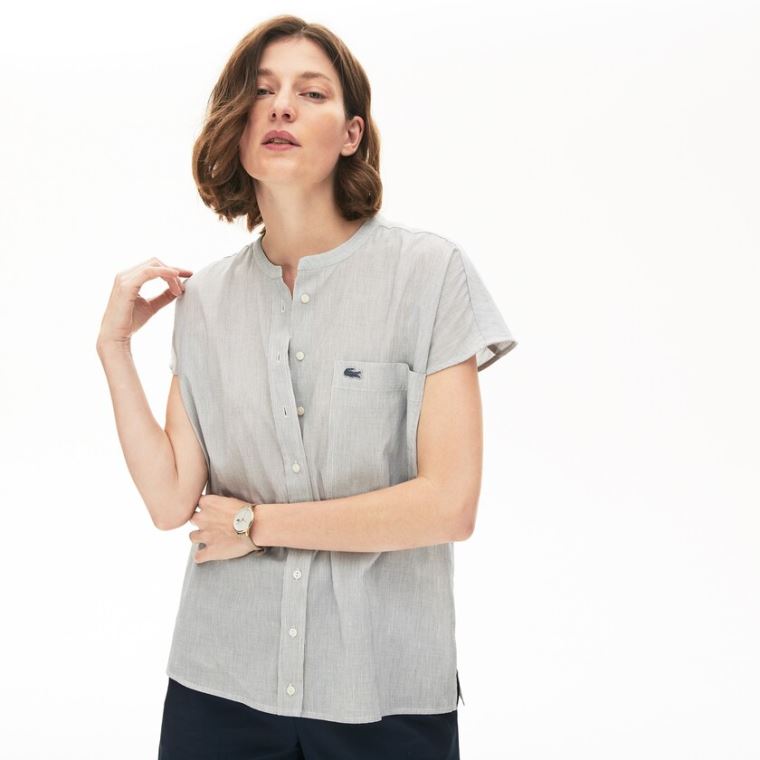 Lacoste Striped Linen And Pamut Blend Shirt Fehér Sötétkék Kék | kNGEWcvX