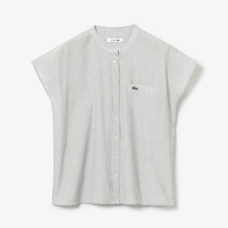 Lacoste Striped Linen And Pamut Blend Shirt Fehér Sötétkék Kék | kNGEWcvX