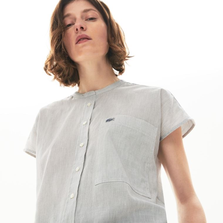 Lacoste Striped Linen And Pamut Blend Shirt Fehér Sötétkék Kék | kNGEWcvX