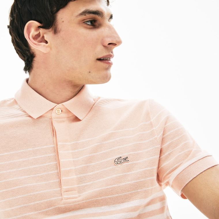 Lacoste Striped Linen And Pamut Regular Fit Polo Shirt Világos Rózsaszín Fehér | Yvy9Z9FU