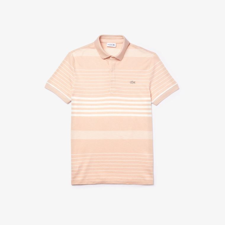 Lacoste Striped Linen And Pamut Regular Fit Polo Shirt Világos Rózsaszín Fehér | Yvy9Z9FU